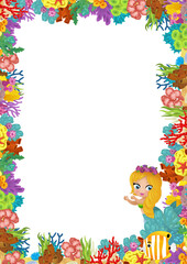 cartoon scene with coral reef and happy fishes swimming near mermaid princess isolated illustration for children