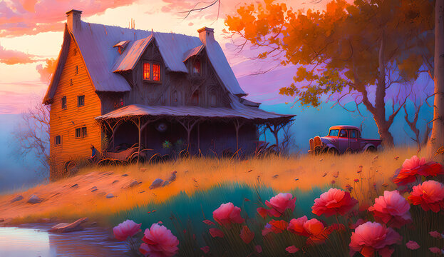 Rustic Reverie: Vintage Pickup Truck and Timeless Abode Beneath a Vivid Sky - A Fantastical Illustration Painting.