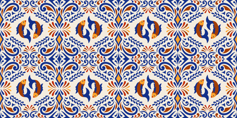 Mexican Talavera Ceramic Tiles tile pattern with fishes. Spanish Maiolica. Ethnic seamless pattern with folk ornament.