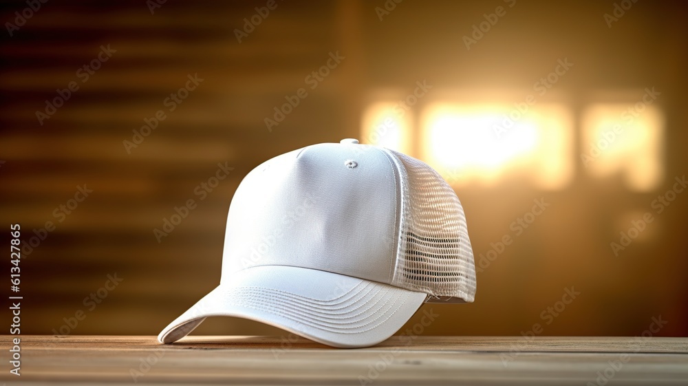 Poster Blank White Cap / hat on Wooden table