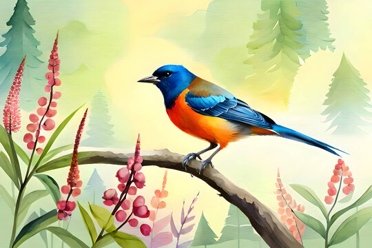watercolor painting of a bird, Digital watercolor painting, high quality, of a forest landscape with birds, butterflies, and trees.	Ai Generative
