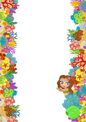 cartoon scene with coral reef and happy fishes swimming near mermaid princess isolated illustration for children