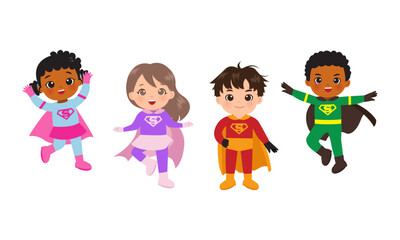 Group of children superheroes clipart - obrazy, fototapety, plakaty