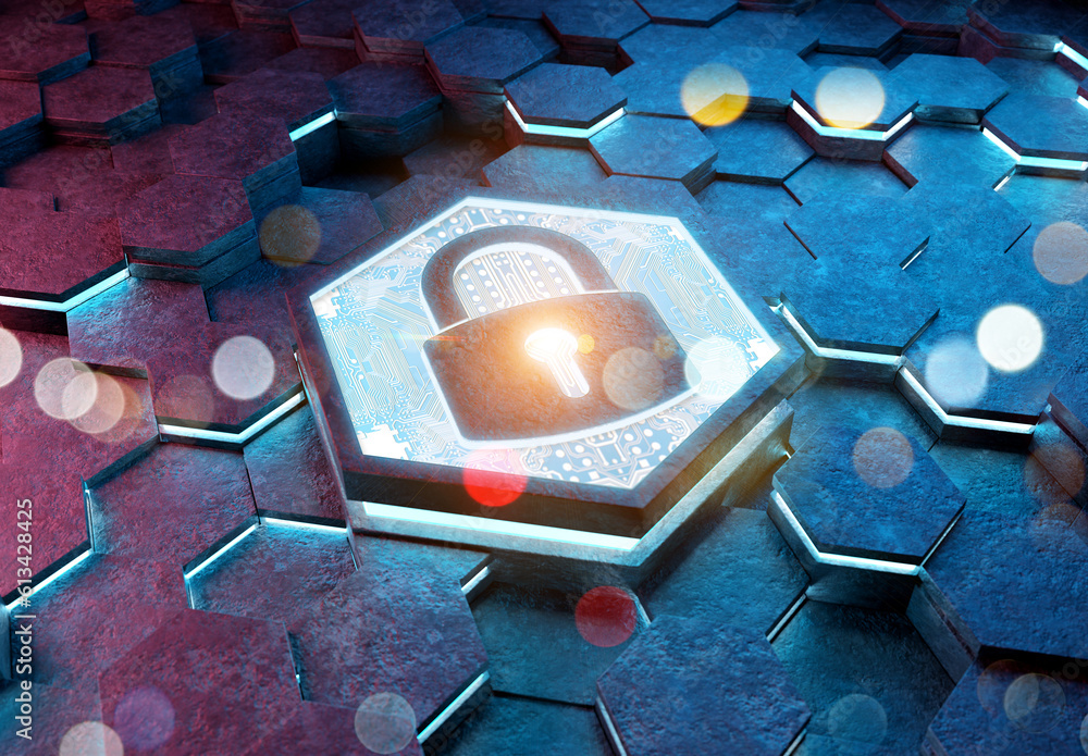 Leinwandbilder web security icon concept engraved on metal hexagonal pedestral background. padlock logo glowing on 