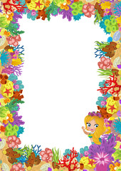 cartoon scene with coral reef and happy fishes swimming near mermaid princess isolated illustration for children