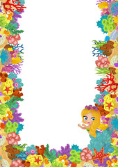 cartoon scene with coral reef and happy fishes swimming near mermaid princess isolated illustration for children