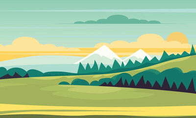 Obraz premium Vector illustration in trendy flat simple style - spring and summer background with copy space for text - landscape with plants, leaves, flowers - background for banner, greeting card, poster