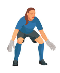 Half-leaning figure of a girl women's football goalkeeper in a blue shirt standing in front of the goal waiting for the ball