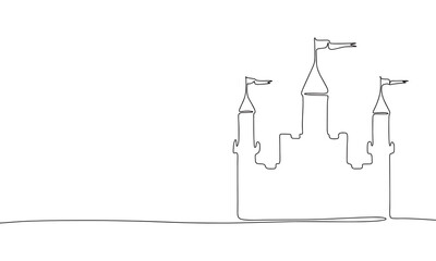 One Continuous line drawing of castle. Thin curls and romantic symbols in simple linear style. Minimalistic Doodle vector illustration - obrazy, fototapety, plakaty