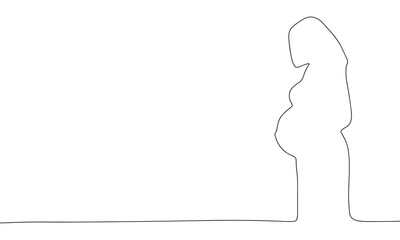 One Continuous line drawing of pregnant woman. Thin curls and romantic symbols in simple linear style. Minimalistic Doodle vector illustration