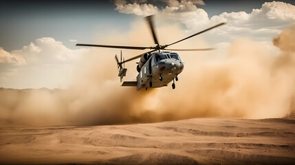 Military helicopter in active combat zone. War chopper aircraft flying for the army and landing in the desert.