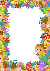 cartoon scene with coral reef and happy fishes swimming near mermaid princess isolated illustration for children