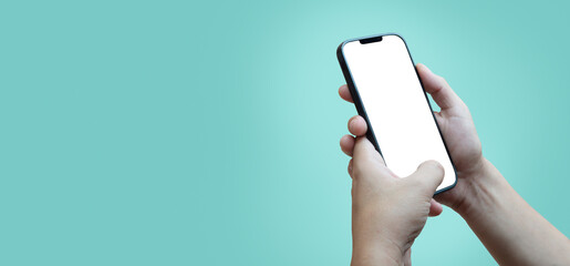cell phone in a man's hand with white screen and blue background - easy modification