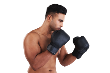 Sports, boxing and strong man in gloves isolated on transparent, png background for power, fist and competition. Fitness, exercise focus and boxer or person for training in MMA or martial arts fight