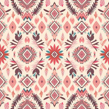 Seamless African pattern. Ethnic carpet with chevrons. Aztec style. Geometric mosaic on the tile, majolica. Ancient interior. Modern rug. Geo print on textile. Vintage fabric.