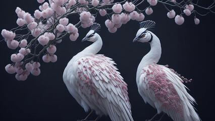 Pair of white peacocks with cherry blossoms on black background.