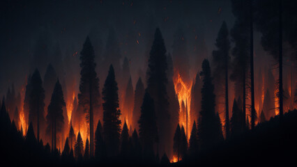 Forest fire in the night. Burning pine forest at night. 3D illustration.