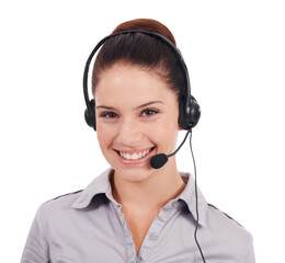 Call center, customer service and a woman with headset isolated on a transparent, png background....