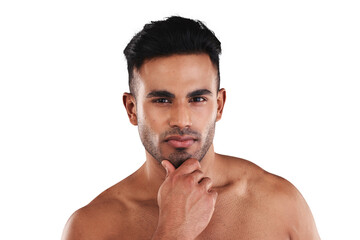 Beauty, skin and health portrait of a man from Spain isolated on a transparent, png background....