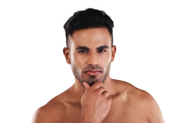 Beauty, skin and health portrait of a man from Spain isolated on a transparent, png background. Face of a young person ready for skincare, cosmetics and dermatology or facial treatment and grooming