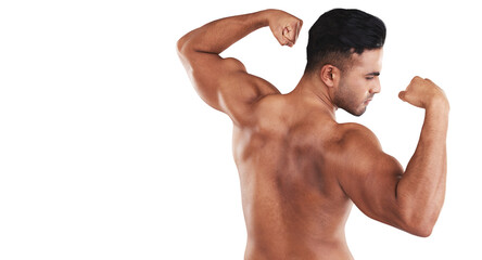 Muscle, wellness and man or bodybuilder flexing after back workout isolated in a transparent or png...