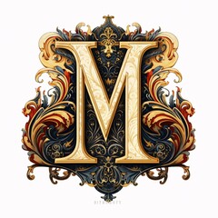 Gothic font letter m with black and gold trimming