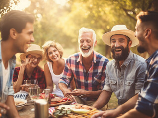 The photograph captures a gathering of friends at a picnic in a beautiful park. They enjoy a grill, share the joy of their reunion, and embrace the lightness of life. The atmospher Generative AI