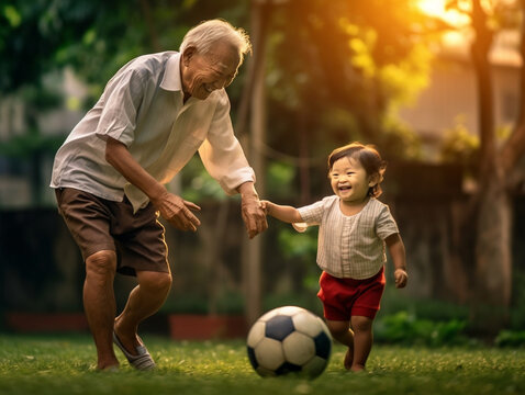 The photograph showcases the joyous old age as the grandfather happily plays soccer with his grandchild. Their laughter and smiles reflect the pure happiness and bonding that trans Generative AI