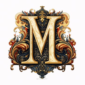 Gothic font letter m with black and gold trimming