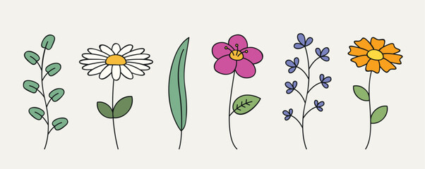 floral set different colorful flowers and leaves isolated vector illustration EPS10 - obrazy, fototapety, plakaty