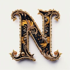 Gothic font letter n with black and gold trimming