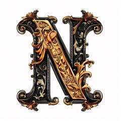Gothic font letter n with black and gold trimming