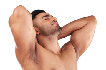 Shower, skincare and happy man cleaning, self care and hygiene isolated on transparent png background. Grooming, body and beauty with male model or person washing, calm and wellness or dermatology