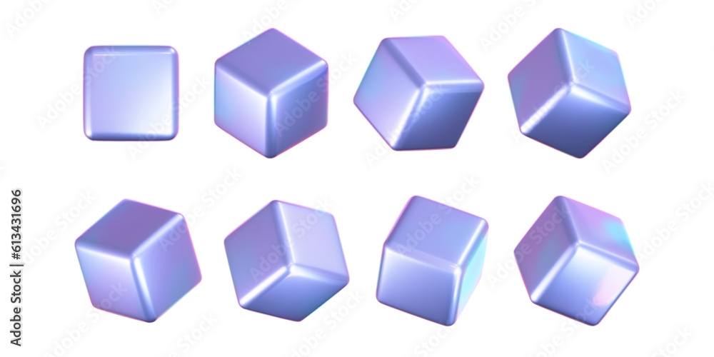 Canvas Prints 3d holographic cubes set with iridescent chrome effect isolated on white background. render holograp