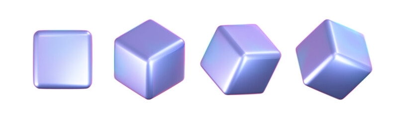 3d holographic cubes set with iridescent chrome effect isolated on white background. Render holographic metal rotating box with rainbow gradient effect. 3d vector geometric shapes