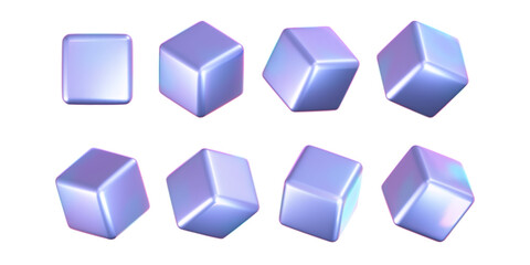 3d holographic cubes set with iridescent chrome effect isolated on white background. Render holographic metal rotating box with rainbow gradient effect. 3d vector geometric shapes