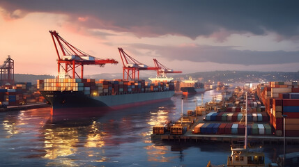 Panorama of the harbor with container ships.