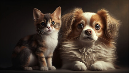 Lovely pet picture of a tiny dog and a cat, Generative AI