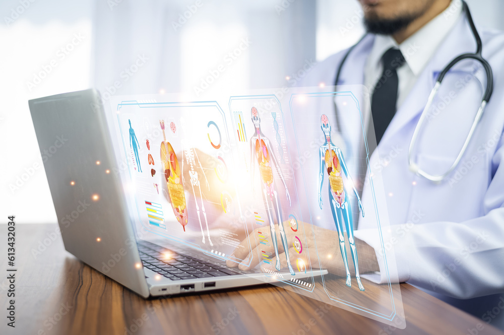 Poster doctor ai, artificial intelligence in modern medical technology and iot automation. doctor using ai 