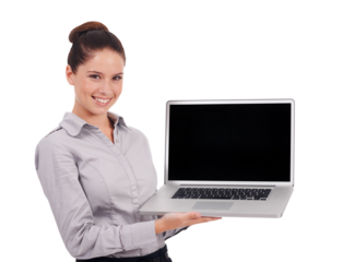 Laptop mockup, portrait and business woman on screen presentation, advertising website or career application. Happy person with computer and job marketing space isolated on transparent png background
