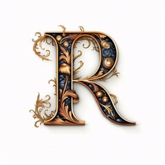 Gothic font letter r with black and gold trimming