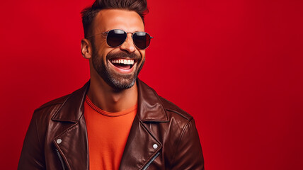 Fototapeta premium inspired man smile, wear sunglass, leather jacket isolated on red background, generative AI tools 
