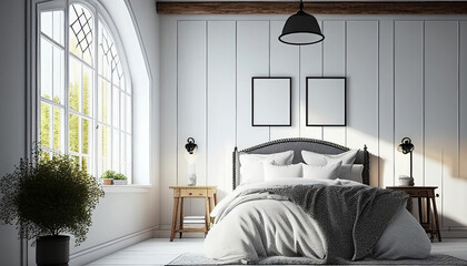Interior of a bedroom, Mockup of a farmhouse-style bedroom interior with white walls, Generative AI