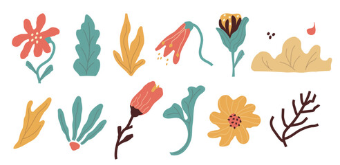 Fototapeta na wymiar Simple abstract hand drawing of various shapes, patterns. Nature botanical flowers, leaves, objects, modern fashion elements. for print, banner, card, social networks. vector art illustration.