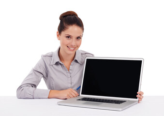Portrait, laptop screen and woman with mockup on table isolated on a transparent png background. Business person, computer and copy space for marketing, advertising or branding, promotion and happy.