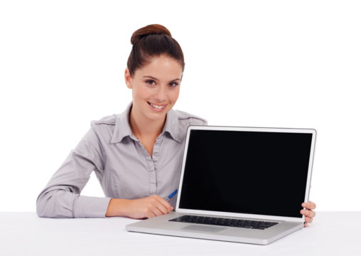 Portrait, laptop screen and woman with mockup on table isolated on a transparent png background. Business person, computer and copy space for marketing, advertising or branding, promotion and happy.