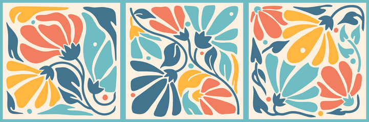 Modern collection of square prints with flowers and leaves. Retro Vector botanical paintings. Contemporary floral trendy style. Muted, Earth tone drawings. Set of Vertical Modern Graphics.