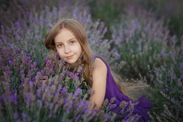 Young pretty dreaming girl in violet dress sitting in lavender field among flowers in Provence at sunset in the evening, outdoor lifestyle portrait, idea of beauty, tenderness, relax and summer vibe