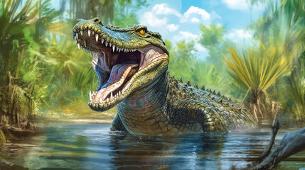 Naklejka premium angry attacking alligator on the river in the jungle, made with Generative AI