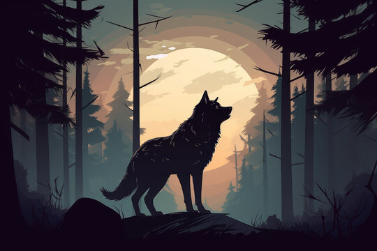 wolf in forest full moon at night illustration Generative AI